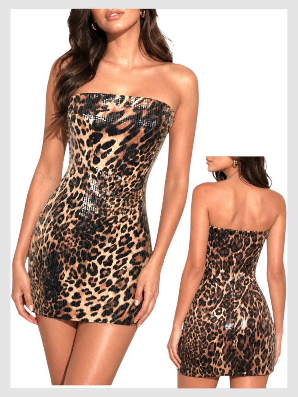 Tiger Mist Strapless Sequin Leopard Mini Dress Brown XXS